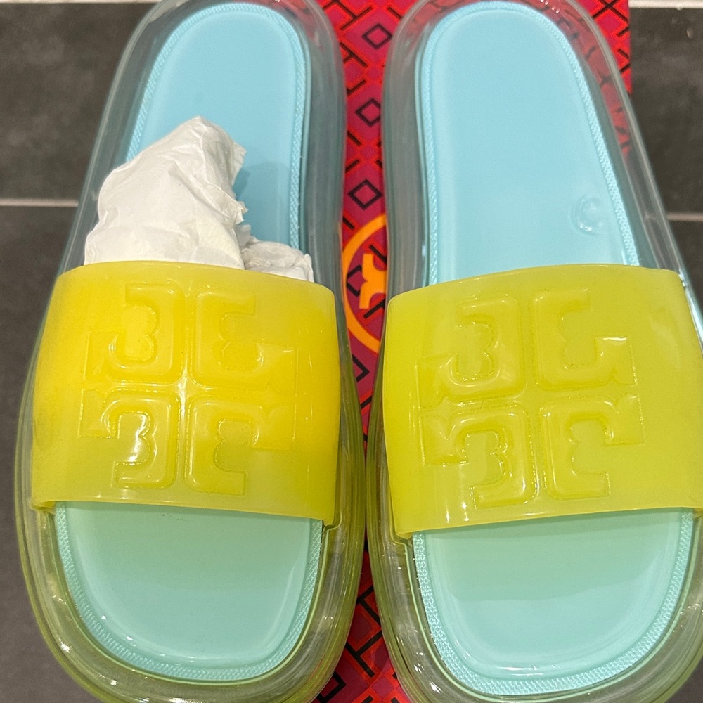 Tory Burch Lemon Yellow and Sky Blue Sandals